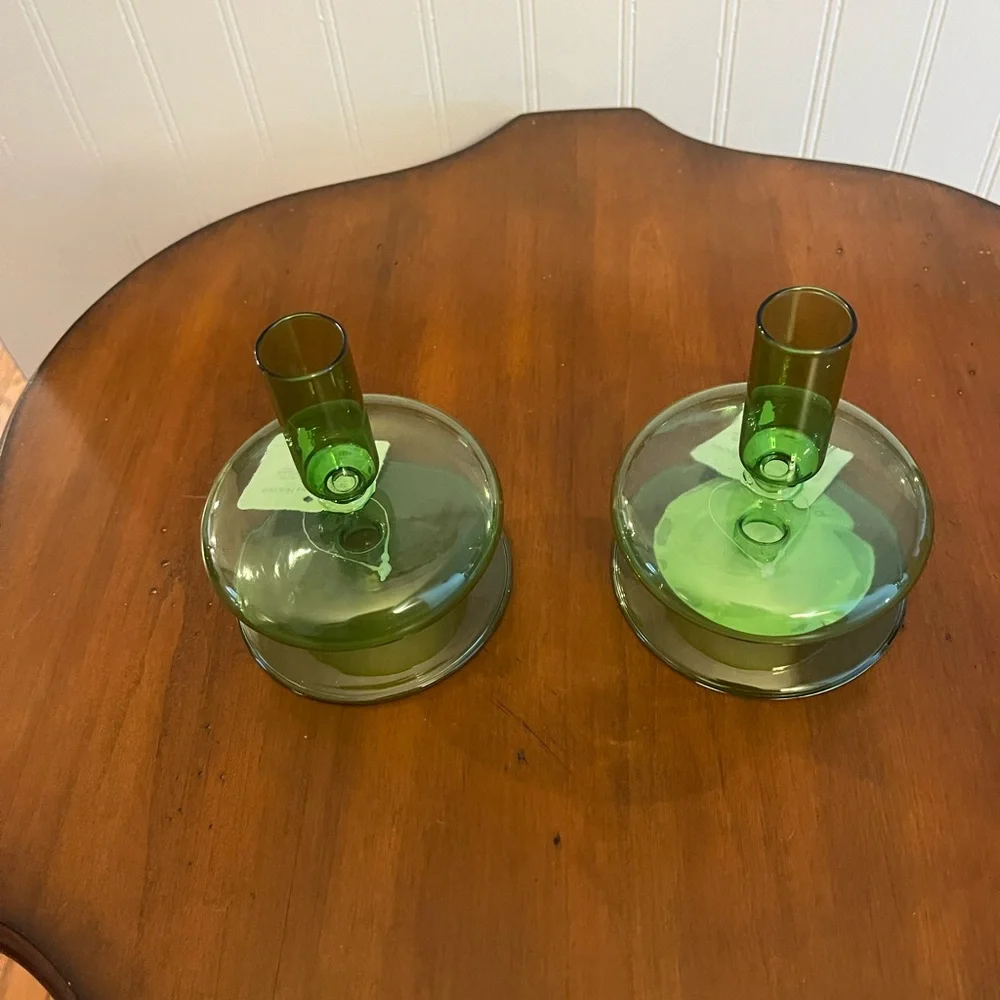 Green‎ Glass Candle Holders (two)